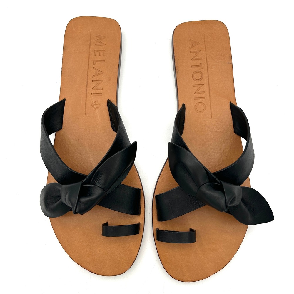 Antonio Melani Loyren Sandals Women 9.5 Black Good Leather Bow Toe Loop Flat